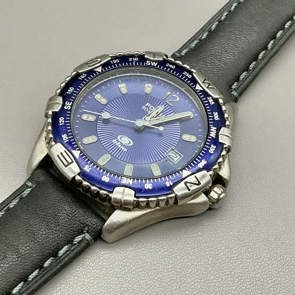 Fossil Watch Mens Silver Tone Blue Dial Black Leather Band AM-3060 NEW BATTERY